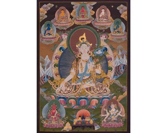 Original Hand-Painted White Tara With Other Bodhisattvas | Mother Goddess | Protector of Life, Love, and Liberation | Wisdom and Compassion