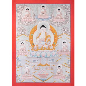 Dipankara, Gautama, & Maitreya Surrounded By Aksobhya, Amitabha, Amoghasiddhi, Ratnasambhava and Vairocana | Silver Buddhist Thanka Painting