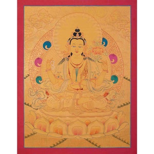 Four Armed Chenrezig Thangka Painting | Avalokiteshvara Arts | Bodhisattva Thangka | Tibetan Wall Decoration | Housewarming Gifts | For Gift