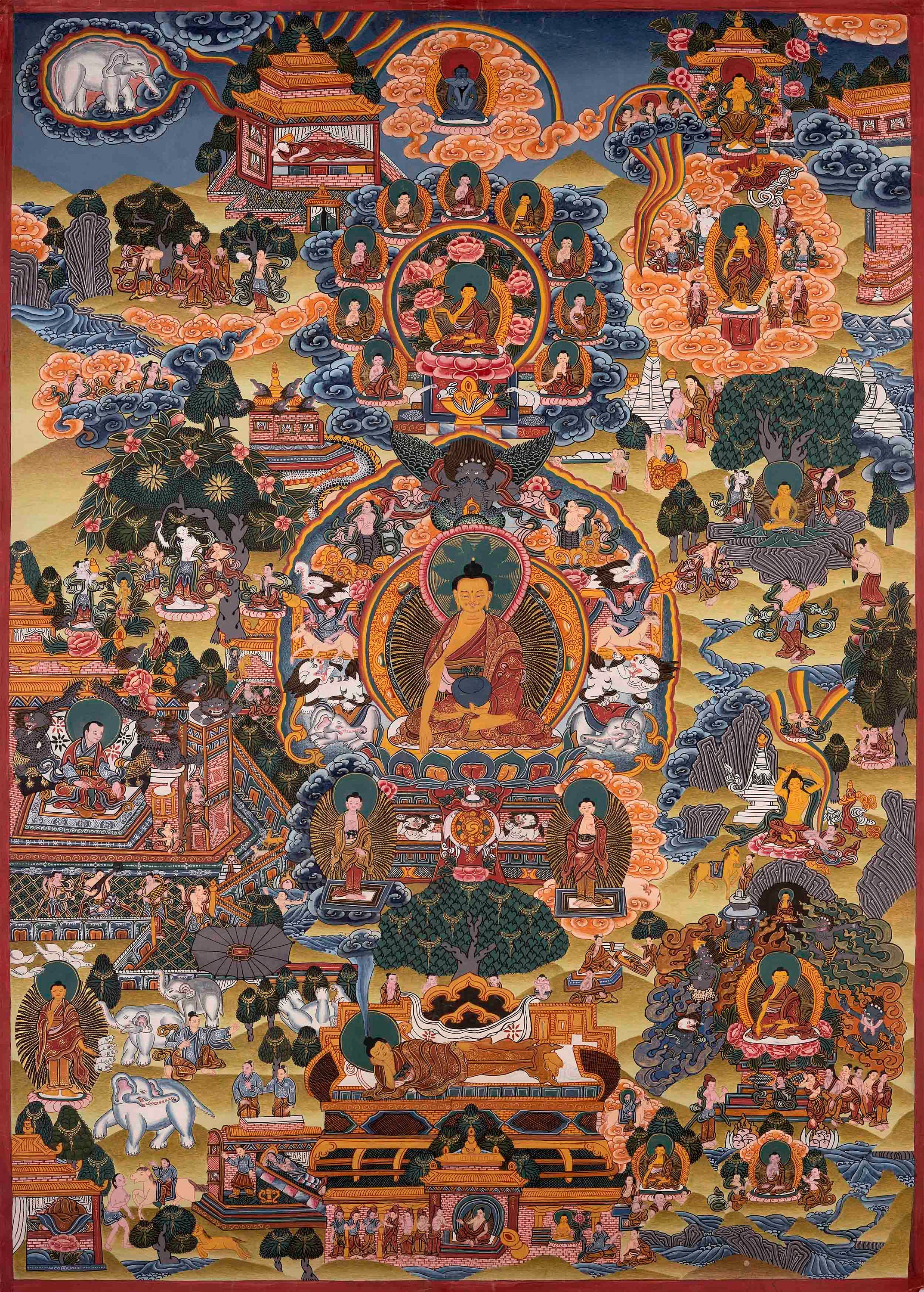 Tibetan Thangka Painting - Buddha Life Story Wall Art - Traditional ...