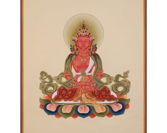 阿弥陀如来長寿タンカ – ヴィンテージチベット仏教絵画、24Kゴールド