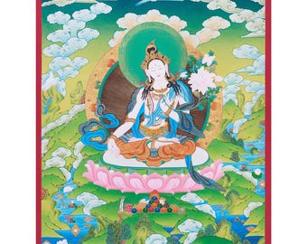 Biała Shyama Tara, żeński posąg Buddy Thangka | Ręcznie malowana sztuka tybetańska | Uzdrawianie, długowieczność i medytacja | Dzieło sztuki buddyjskiej