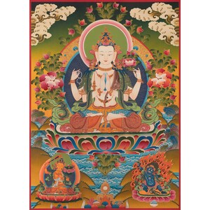 Avalokiteshvara Thangka | Featuring Mahalakala and Manjushri | Buddha of Compassion | Wall Hanging | Yoga Meditation | Canvas Painting