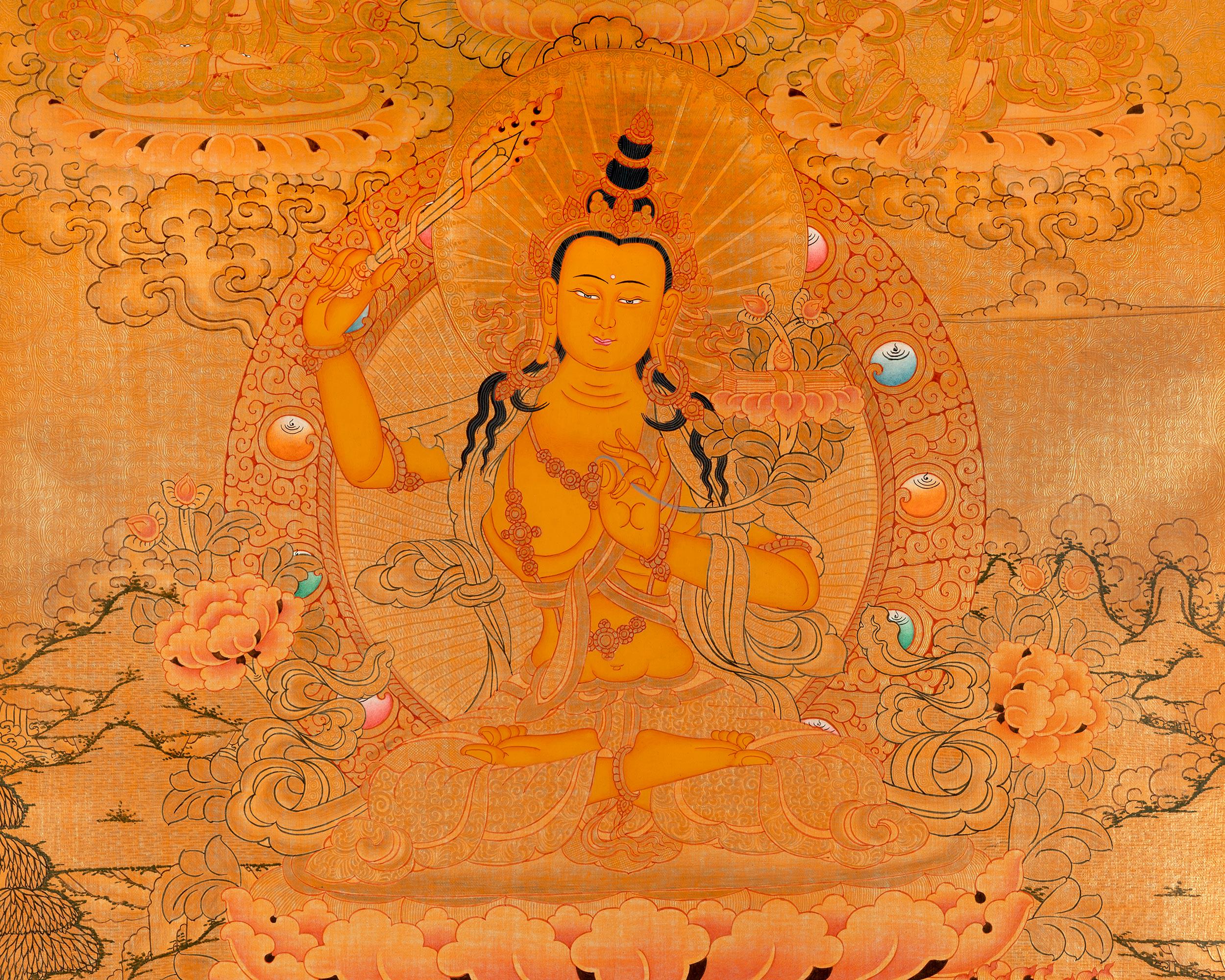 手描きのフルゴールドスタイルの文殊菩薩タンカ | 24Kゴールドチベット