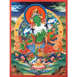 Original Hand-Painted Female Bodhisattva Green Tara Thangka | Cotton Canvas Spiritual Artwork for Meditation | Wall Hanging For Decoration