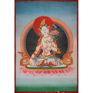 Vintage White Tara Thangka | Minimal Composition | Hand-Painted Traditional Art | Seven-Eyes Goddess |  Tara Bodhisattva Meditation Artwork