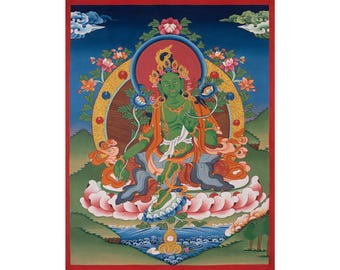 Original Hand-Painted Green Tara Thangka | Tibetan Female Deity | Healing Tara Artwork | Wall Art Painting for Meditation & Yoga | For Gifts