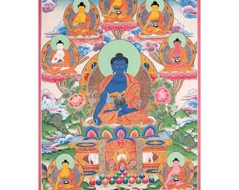 Pintura de Thangka do Buda da Medicina | 8 Bhaisajyaguru Budista Thangka | Arte Espiritual | Cura Buda | Estilo Tradicional | Budismo Tibetano