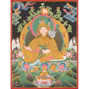Guru Rinpoche Thangka: Hand-Painted Tibetan Buddhist Artwork with 24K Gold