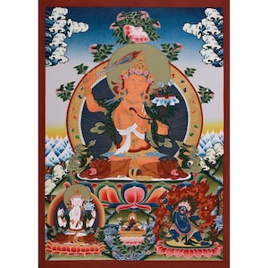 Manjushri Thangka | Wisdom Buddha with Chenrezig (Avalokiteshvara) and Vajrapani | Buddhist Bodhisattva Art | Wisdom, Compassion, Strength