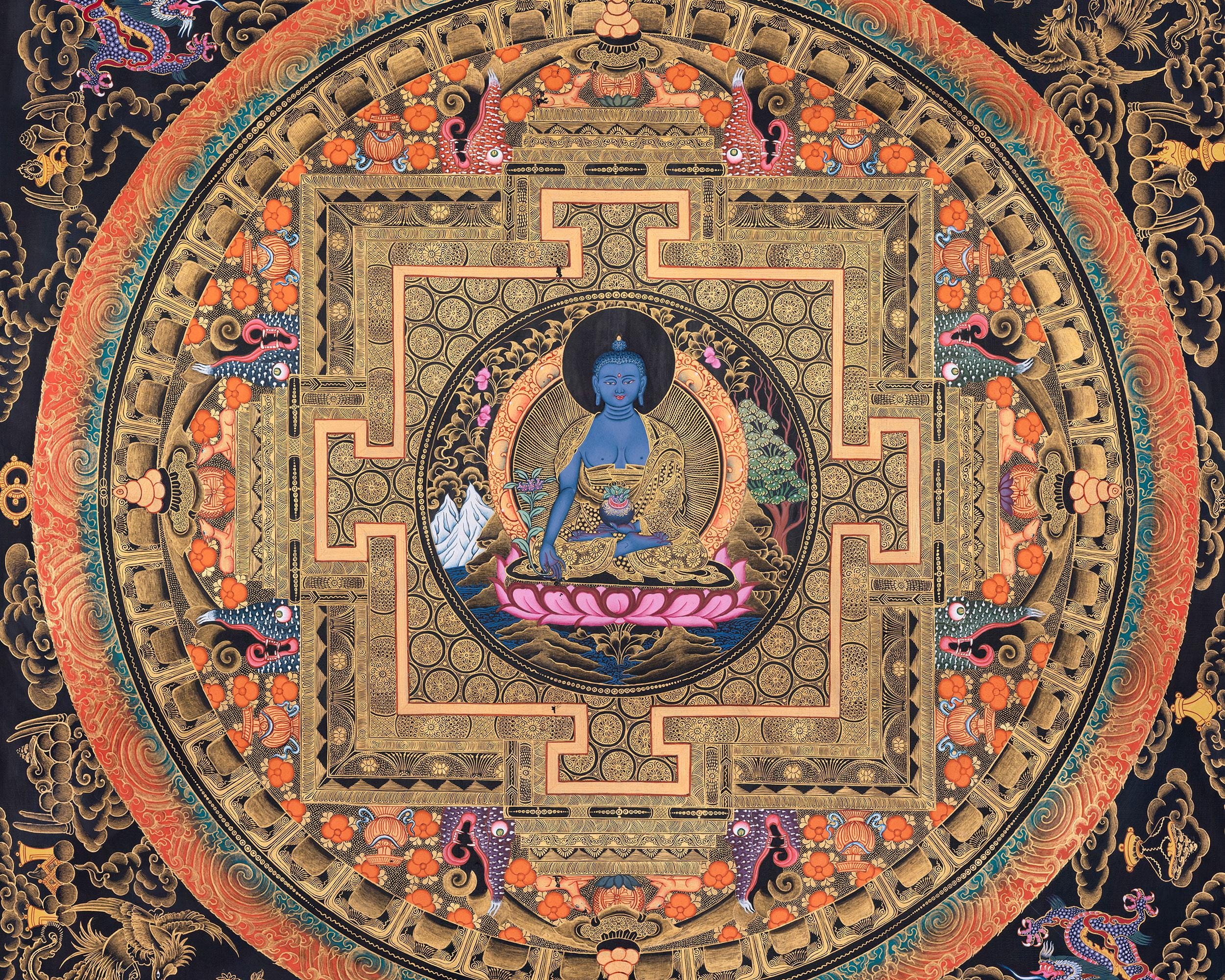 薬師如来曼荼羅タンカ画、チベット仏教美術、手作り壁掛け - Etsy 日本