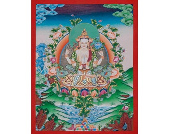 Original Hand-Painted Four Armed Chenrezig Thangka | Tibetan Buddhist Painting | Bodhisattva Thangka | Compassion of Yoga | Religious Gifts