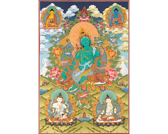グリーンターラ　タンカペイント Green Tara Thangka Painting, Tibetan Buddhist Art, Handmade Wall