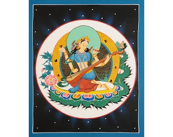 Cuadro Thangka Saraswati de 36 cm / Decoración de pared budista / Pintura tradicional / Obra de arte espiritual / Altar de meditación