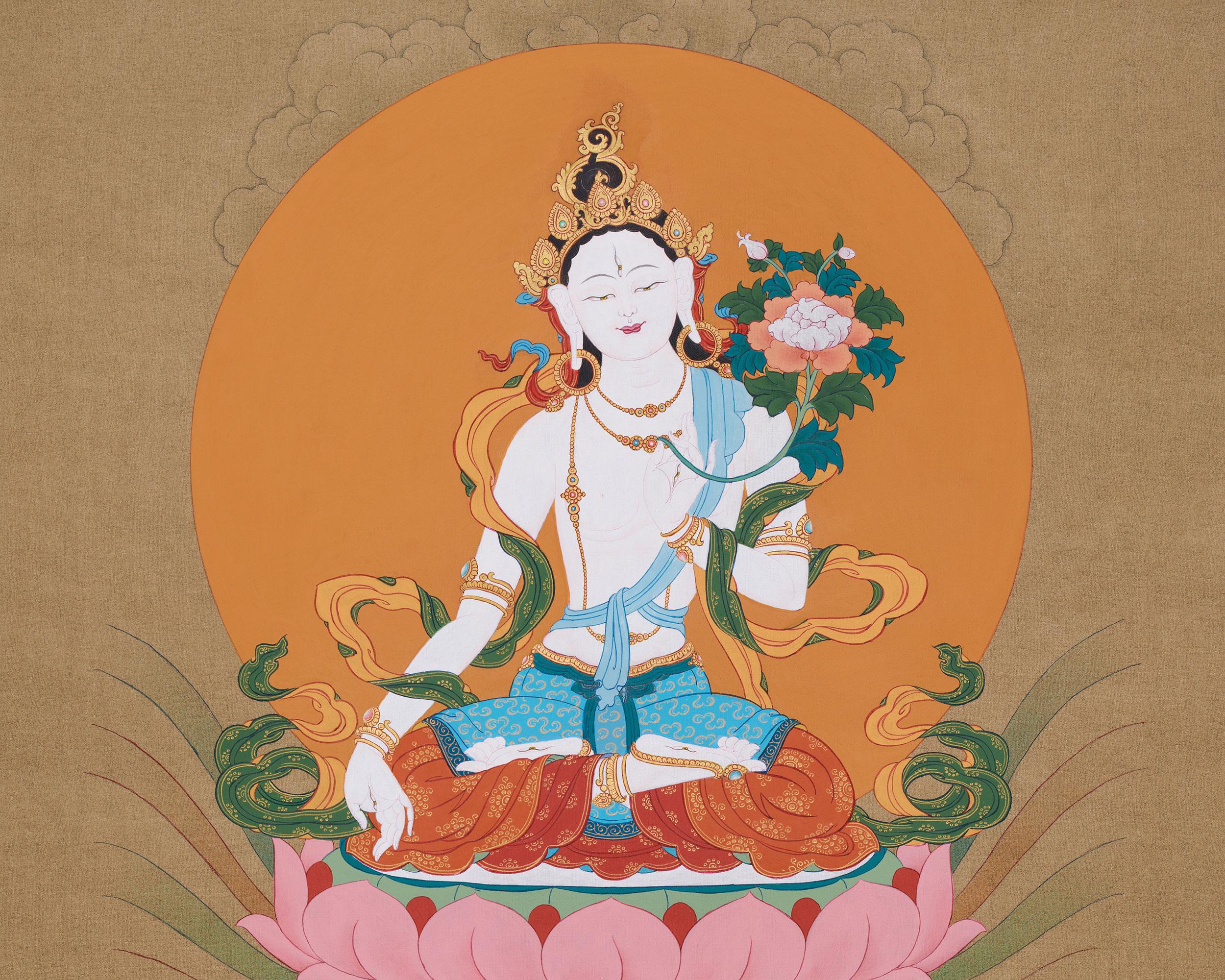 24Kゴールドホワイトターラタンカ絵画 | 手作りチベット仏教美術