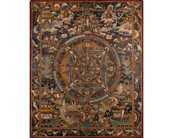 Pode incluir: Uma tapeçaria mandala colorida com detalhes intrincados e um círculo central rodeado por um quadrado. A tapeçaria apresenta uma variedade de figuras e símbolos, incluindo deidades, animais e padrões geométricos. As cores são vibrantes e ricas, incluindo ouro, vermelho, azul e verde.