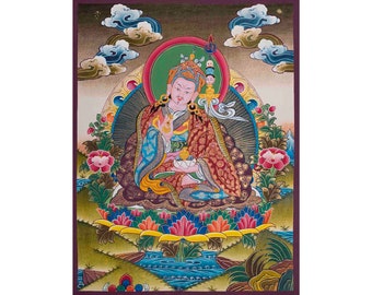 Wunderschön handbemaltes Guru Rinpoche Thangka | Guru Padmasambhava | Lotus geboren | Tibetische traditionelle Malerei | Einweihungsgeschenke | Yoga