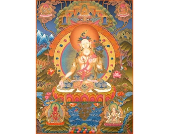 White Tara Thanka | Seven Eyed Tara Tibetan Buddhist Painting | Long Life Deity Hand Painted Meditation Wall Art Nepal | Sacred Wall Hanging