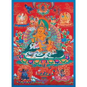 Namtose Thangka with red background | Original Hand Painted Wealth Deity | Tibetan Buddhism Art | Buddhist Religious Wall Decor Painting