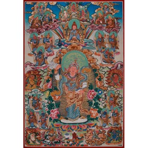 Standing Guru Rinpoche | Padmasambhava with Staff and Skull Cup | Tibetan Thangka with Buddhas, Bodhisattvas and Protectors | Home Decor