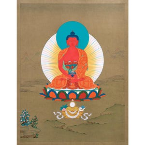 Hand-Painted Amitabha Buddha Thangka: 24K Gold Tibetan Buddhist Art