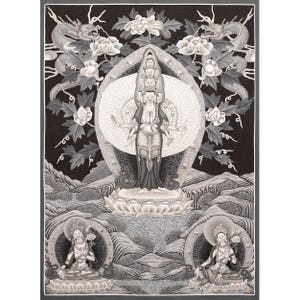 Avalokiteshvara Thangka flanked by Green and White Tara | Original Hand Painted Black & White Newari Style Bodhisattva Thangka | Wall Decor