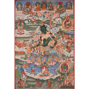 Old Green Tara Thangka Art | Original Hand Painted Healing Female Deity | Healing Tara Painting | Wall Hanging Yoga Meditation Canvas Art