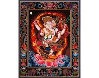Traditional Ganesha Painting | Hindu God Art | Remover of Obstacles | Hindu Elephant God | Ganapati Bappa Thangka | Spiritual Wall Art