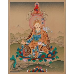 Guru Padmasambhava Painting | Second Buddha | Lotus Born Master | With Amitabha Buddha | Founder of Tibetan Buddhism | Traditional Artwork