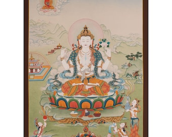 Buddha of Compassion Chenrezig Thangka | Avalokiteshvara Art | Bodhisattva of Mercy | Amitabha, Nagkanya, Sentient Beings | Tibetan Buddhism