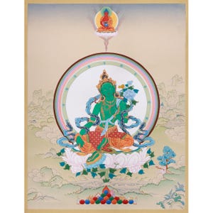 Uniquely Hand-Painted Green Tara Protection Deity Thangka | Featuring Amitabha Buddha | Divine Symbol of Compassion | Tibetan Female Buddha