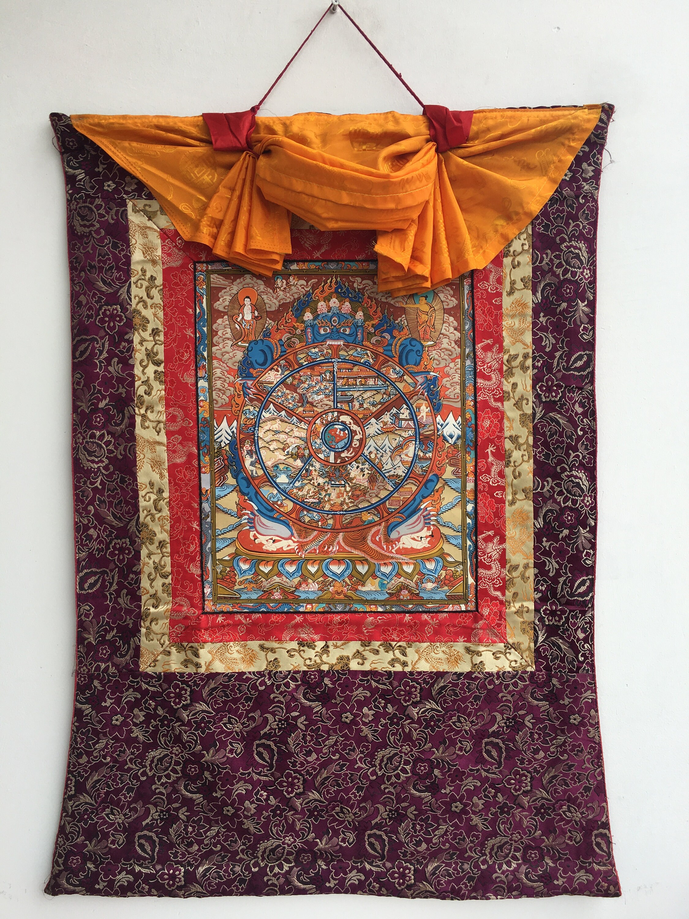 オリジナルの手描きの生命の輪タンカ（錦織り）｜輪廻｜仏教の瞑想の