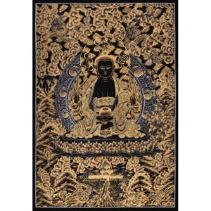 Gold Amitabha Buddha Thangka | Sacred Buddhist Tibetan Artwork | Gold on Black Canvas | Pure Land Buddhism | Spiritual Wall Hanging Decor