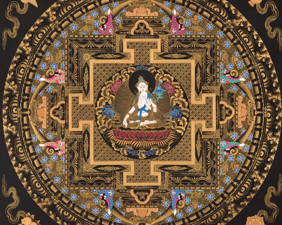 白ターラ曼荼羅タンカ｜七眼ターラ像｜チベット長寿曼荼羅｜仏教祭壇