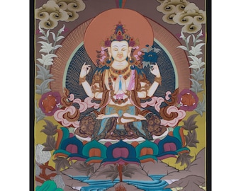 四臂観音菩薩 タンカ 手描き シルク仕立 額装 チベット 守護 浄化 曼荼羅 四臂観音菩薩 タンカ 手描き シルク仕立 額装 チベット 守護 浄化