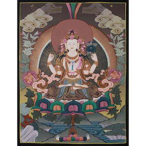 Bodhisattva Chenrezig Thangka Painting | Buddhist Compassionate Deity | Om Mani Padme Hum | Avalokiteshvara, Spiritual Artwork Collection