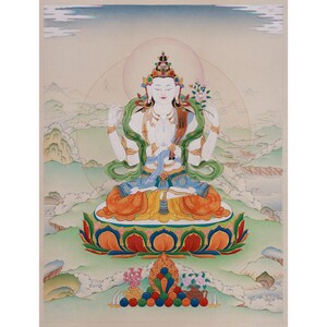 Four-Armed Avalokiteshvara Thangka: Hand-Painted Buddhist Art