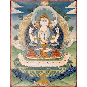 Vintage Bodhisattva Avalokiteshvara Chengrezig Thangka | Original Hand-Painted Thangka | Deity of Compassion | Wall Decoration Painting