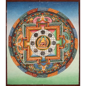 Vintage Shakyamuni Buddha Mandala Thangka | Hand-Painted Tibetan Art with 24K Gold | Meditation Wall Decor | Buddhist Sacred Geometry Canvas