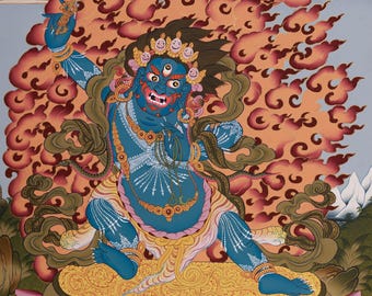 憤怒のヴァジュラパーニ・タンカ｜手描きのチベット仏教守護神画｜神聖