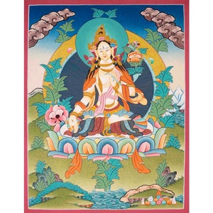 White Tara And Green Tara Thangka Painting | Original Hand-Painted Female Bodhisattva Art |  Tibetan Art Wall Decor for Relaxation
