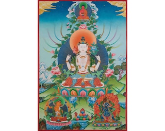 Avalokiteshvara Buddhist Thangka | Four-Armed Chenrezig with Amitabha, Manjushri & Vajrapani | Himalayan Sacred Art | Traditional Painting