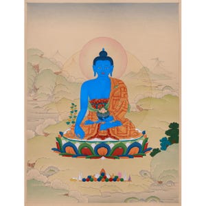 Bhaisajyaguru Painting | Original Medicine Buddha Thangka | Tibetan Buddhist Arts | Wall Hanging | Spiritual Artwork | Meditation & Yoga