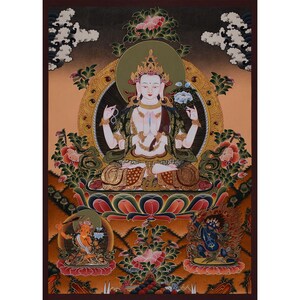 Hand-Painted Four Armed Chenrezig with Manjushri and Vajrapani | Tibetan Bodhisattva Thangka | Avalokiteshvara Thangka | Arts and Devotion