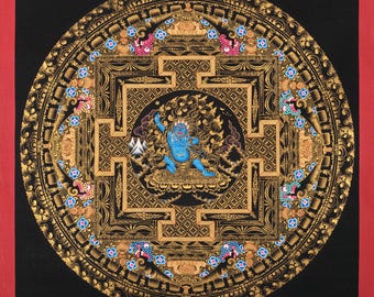Handgemachte Mandala-Malerei, buddhistische Kunst, zornvolle Gottheit, tibetische Thangka, Meditation Dekor, spirituelle Wandkunst