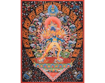 May include: A vibrant, detailed painting featuring a multi-armed deity in yellow and blue, standing on a decorative platform. The artwork is set against a black background with orange and floral patterns, framed by a red border. The style is reminiscent of traditional religious art.