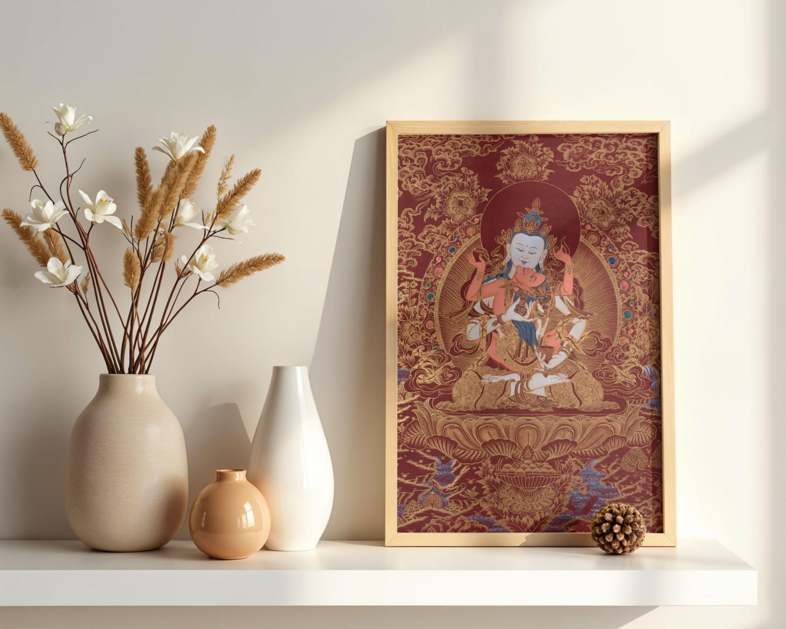 Vajrasattva Yab Yum Thangka in Red and Gold Background | Buddhist