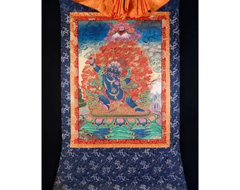 Vajrapani Thangka: Hand-Painted Tibetan Wrathful Deity, Brocade-Mounted Wall Art