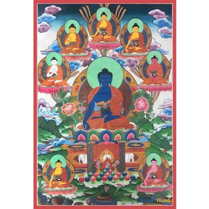 Original Handgemaltes Thangka Medizin Buddha | Bhaisajyaguru Tibetanischer Blauer Buddha | Wandbehang Yoga Meditation Leinwand Kunst