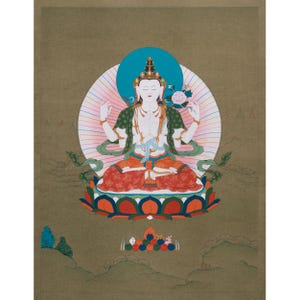 Tibetan Bodhisattva Four-Armed Chenrezig Thangka | Buddha of Compassion | Meditation Altar | Traditional Artwork | Wall Hanging | Home Decor